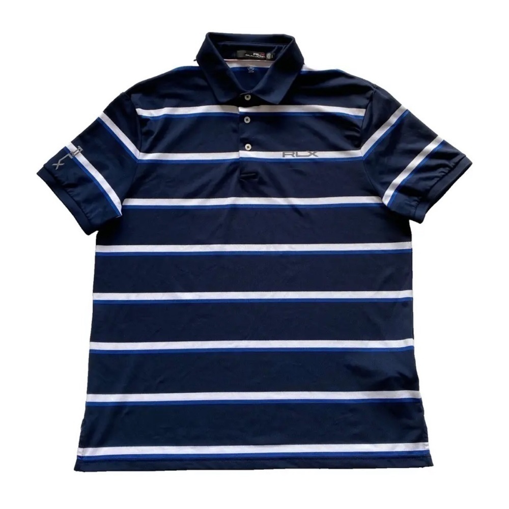 RLX Ralph Lauren Wicking Golf Polo Shirt Mens Sz L Navy White Striped
